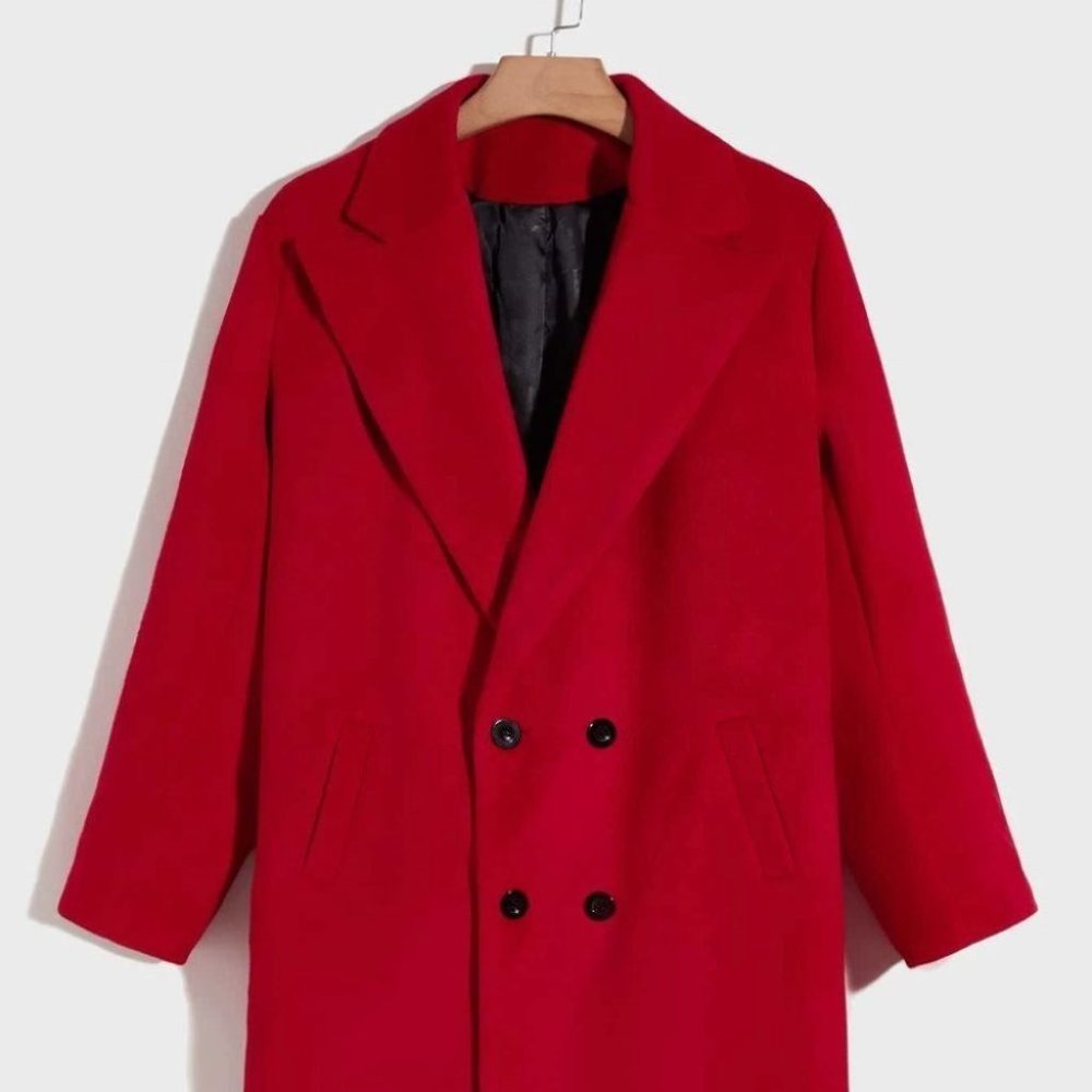 Red Casual Double Breasted Men's Overcoat w/Lapel - Picture 2 of 7